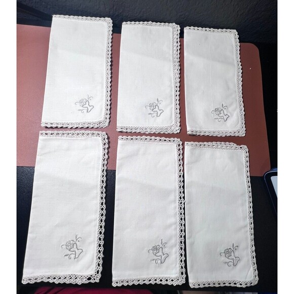 Vintage Handmade White Linen Embroidered 11 " Napkins Lace Trim Set of 6 - Picture 1 of 11